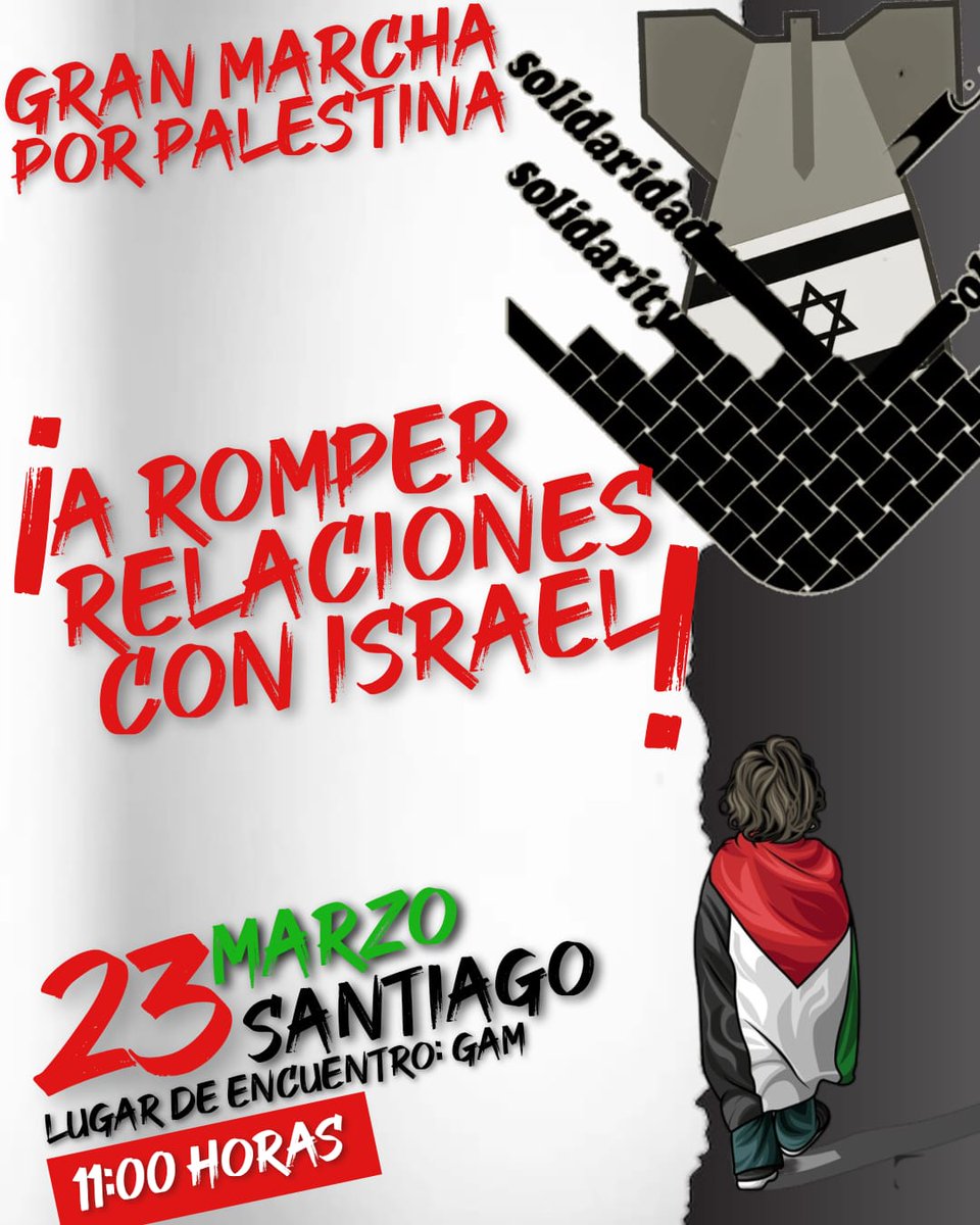 📣 23M‼️ ¡GRAN MARCHA POR PALESTINA EN TODO CHILE! Nuestros corazones se unen por una causa de la humanidad, desde Chile a Palestina 🇨🇱 ❤️ 🇵🇸 No seremos cómplices del genocidio del Estado sionista, criminal y terrorista. ¡A ROMPER RELACIONES CON ISRAEL! #ChileNoApoyaGenocidios