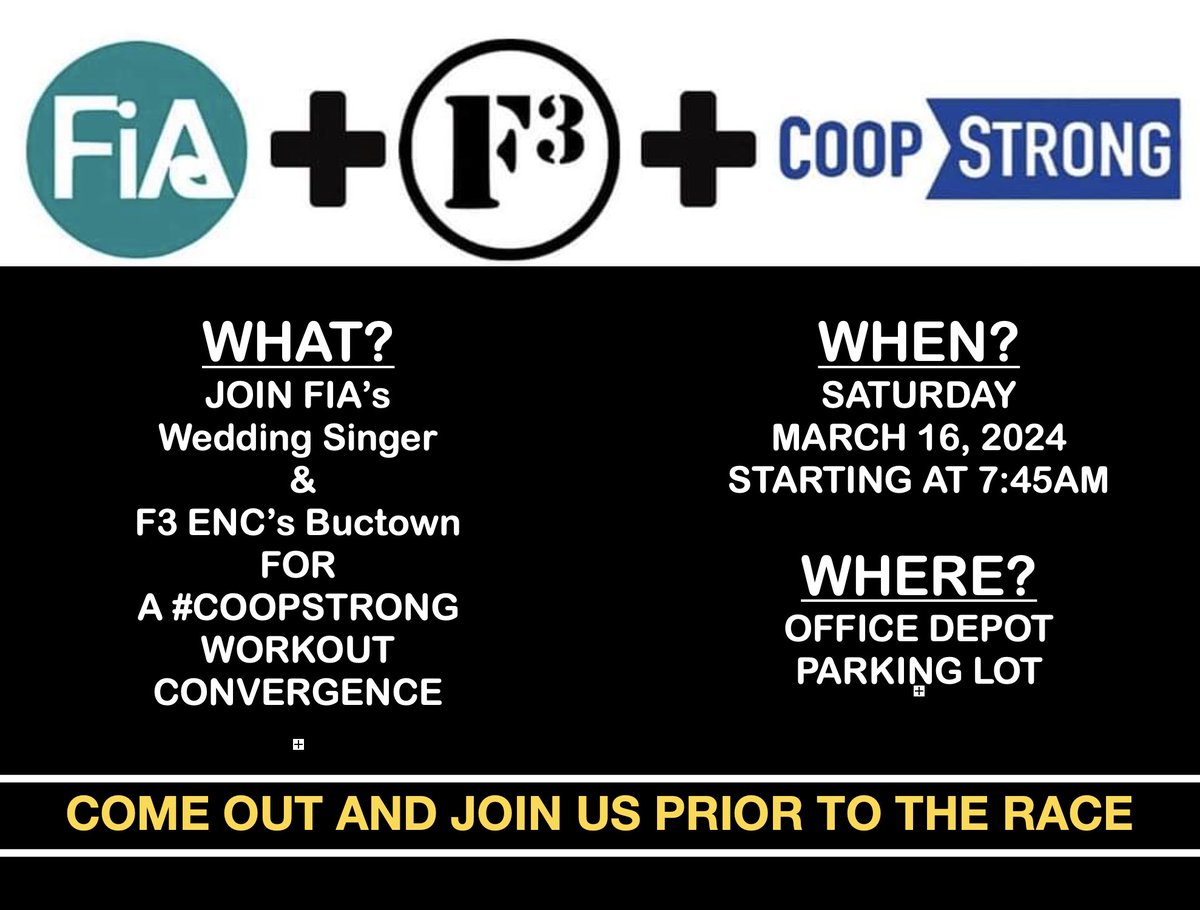 It's that time again where <a href="/FiAENC/">FiAENCGreenville</a> and #F3ENC join forces to help celebrate the work and life of Nelson Cooper at the annual #coopstrong event.  Buc Town and  Wedding Singer will lead us in a 45 min beatdown prior to the race.  If you haven't signed up for the race do it now!