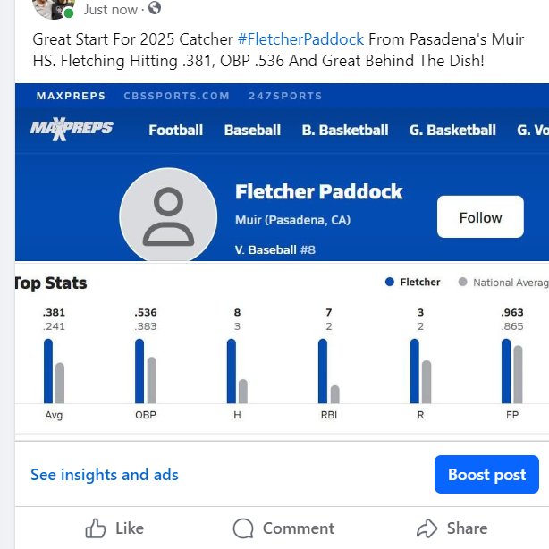 Great Start For 2025 Catcher #FletcherPaddock From Pasadena's Muir HS. Fletching Hitting .381, OBP .536 And Great Behind The Dish!