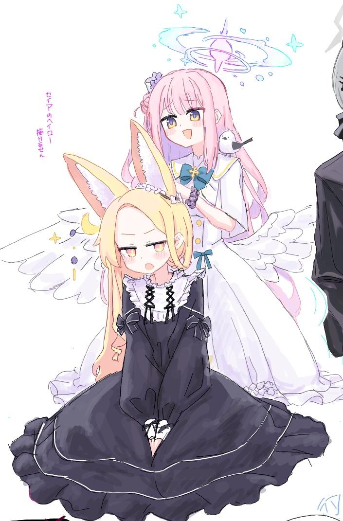 mika (blue archive) ,seia (blue archive) multiple girls halo dress animal ears blonde hair wings pink hair  illustration images