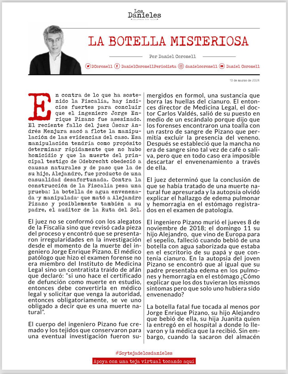 CamiloRomero's tweet photo. Los detalles frente al manejo de la Fiscalía del nefasto Néstor Humberto Martínez sobre el caso de Jorge Enrique Pizano y su hijo, Alejandro, son oscuros y criminales.

Los indicios apuntan a una sola conclusión: los Pizano fueron asesinados. 

Lo hemos dicho siempre: a la Fiscalía se la tomó una lógica criminal. Colombia tiene que saber en qué otros casos manipularon pruebas y fabricaron montajes. 

#LaBotellaMisteriosa.