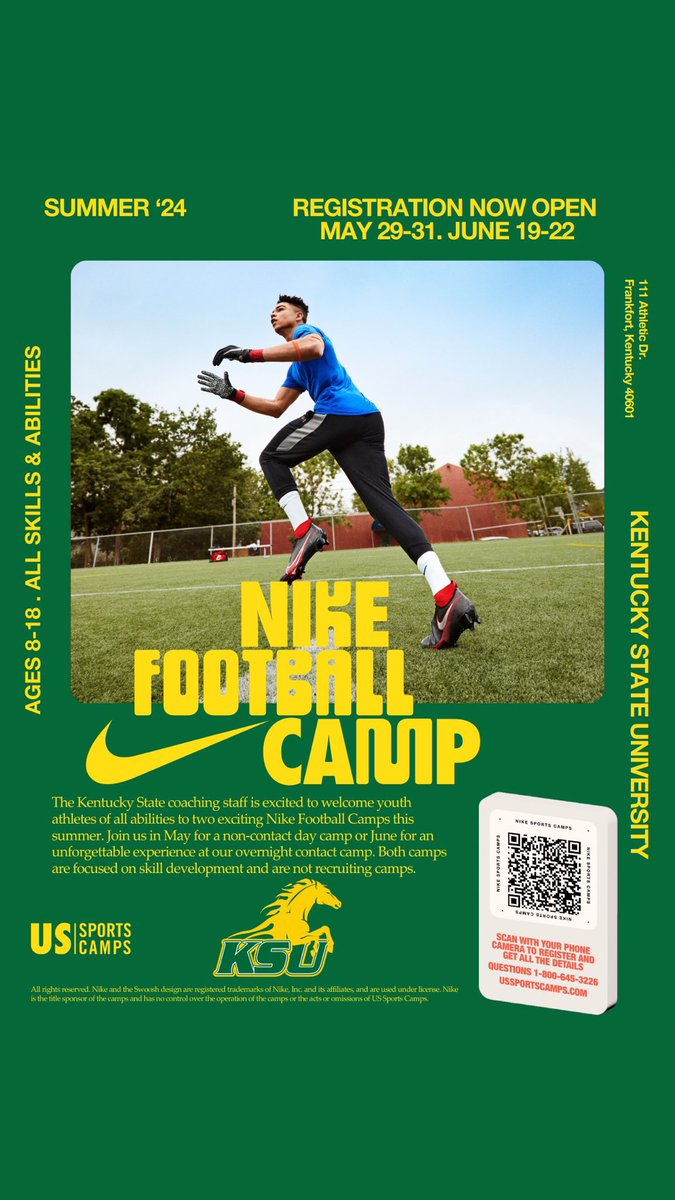 Come Camp with us this summer. Two camps. Same Goals!! To sharpen your tools for the upcoming Season. Click links below for more details. #Nike #CloseTheGAP #BredDifferent @NikeSportsCamp ‼️Kentucky State Nike Camp 📍 Frankfort, KY ussportscamps.com/football/nike-…