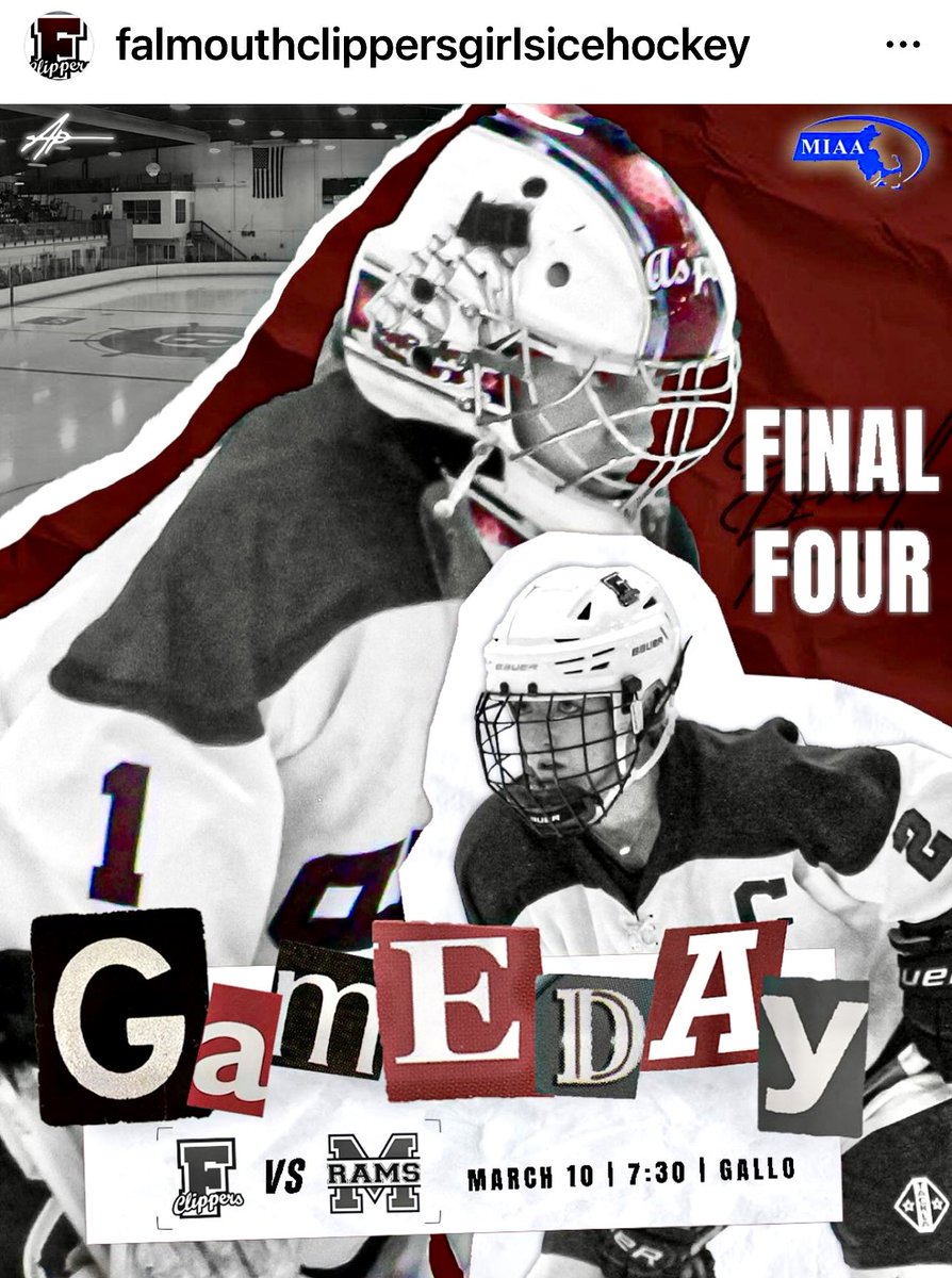 It’s FINAL FOUR day!!! 🏒🥅🤩🙌🏻 The Falmouth Clippers (2) face the Marshfield Rams (11) at 7:30 tonight at Gallo Ice Arena!! Please come show your support!! 📣📣📣 Good luck ladies! 🍀🍀🍀 The road to the Garden continues…
<a href="/JohnsenAvery/">Avery Johnsen</a>