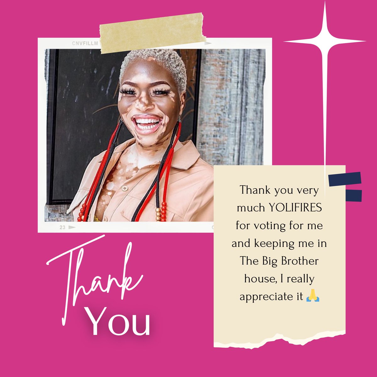 Thank you very much YOLIFIRES for voting for Yolanda and keeping her in The Big Brother Mzansi house, we really appreciate it 🙏 and we know that she will be up again this week so let’s make sure that we push harder because the competition is getting rough. 

#bbmzansi