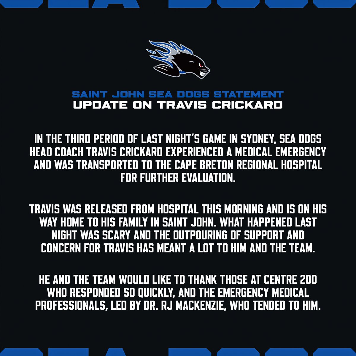SJSeaDogs's tweet photo. An update on #SJSeaDogs head coach Travis Crickard. https://t.co/UwbDERR5Q1