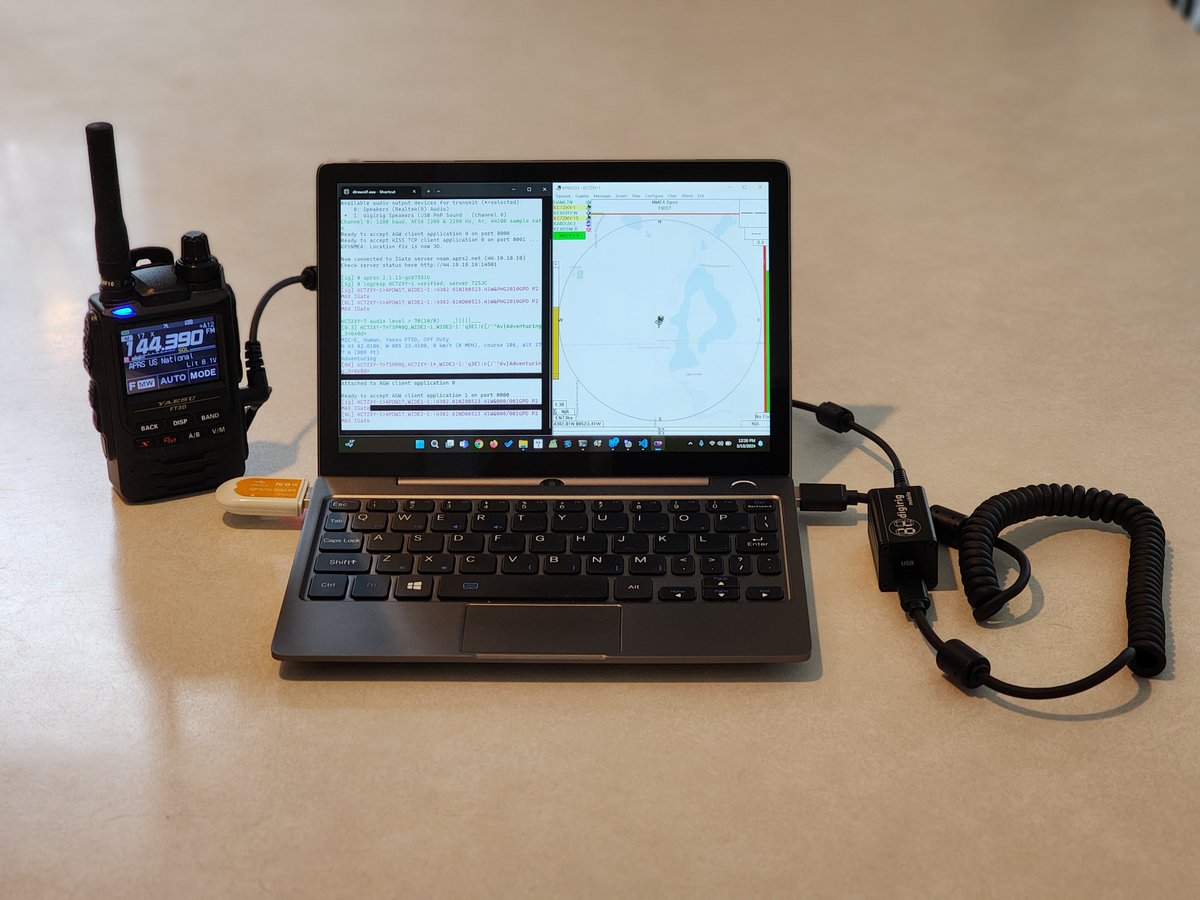 KC7ZXY's tweet photo. FT3D, @DigiRig, and Direwolf SW TNC serving both APRSIS32 on a tiny laptop and APRSDroid on the phone at the same time. Mind blown. Time enjoyed. Also has a practical side as an augment to seasonal event support. AGW on 8000 and KISS on 8001 😉
#HamRadio #AmateurRadio #APRS #FT3D https://t.co/PXvgIQVecl
