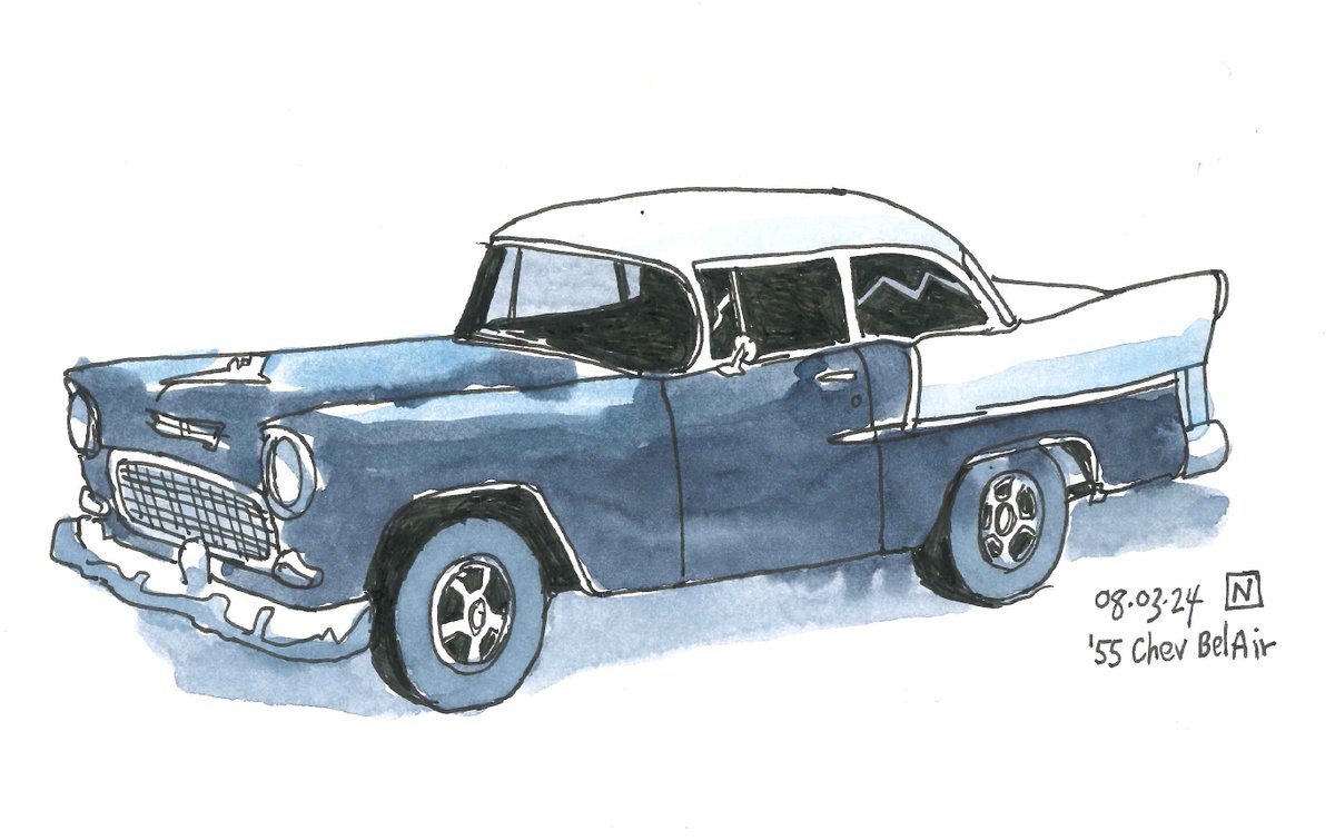 32/70 1955 Chevrolet Bel Air. This beautiful thing was parked outside my house a couple years ago

#draw #drawing #sketch #sketching #penandink #watercolor #watercolour #1955chevy #lineart #artwork #antiquecar