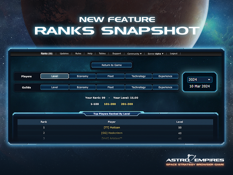 Astro_Empires's tweet photo. On each game server's anniversary, the game will release a public snapshot of player and guild rankings.

This Hall of Fame will preserve and honor players and guilds performance and accomplishments.

Excel and see your name enshrined in the yearly rankings! https://t.co/1Up83QdBdS