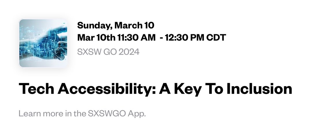 APlasticBrain's tweet image. I'm seeing Tech Accessibility: A Key To Inclusion at SXSW GO 2024. See this session at schedule.sxsw.com/2024/events/PP…