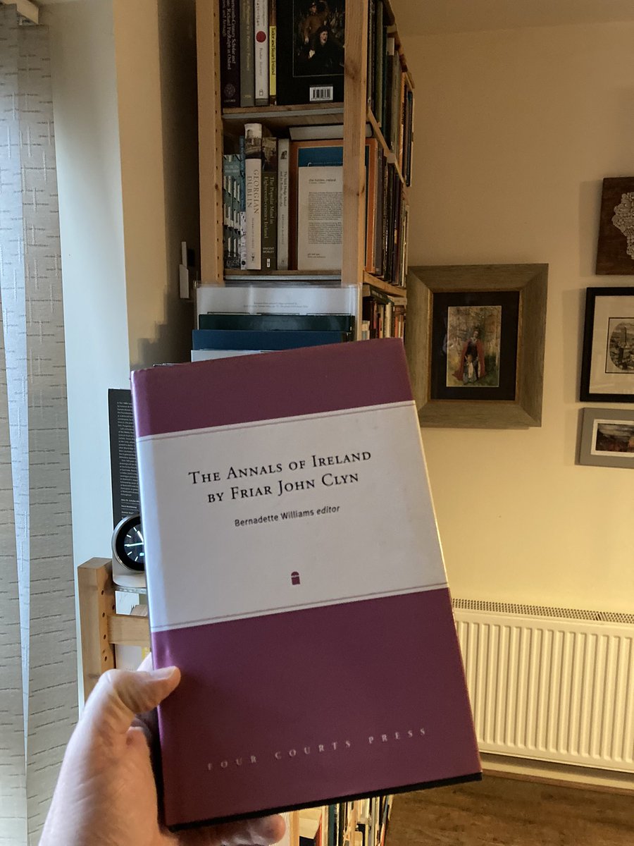 GregDaly's tweet photo. That annoying moment when you shuffle your Irish history shelves about to fit in the new Hume biography, and think “mission accomplished” only to discover you’ve left a set of medieval annals in another room and need to find a home for them. #LibraryChallenges https://t.co/9L9xfq07EK