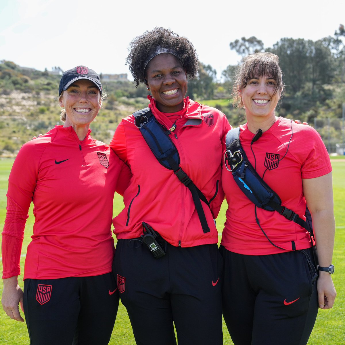USWNT's tweet photo. Happy #NationalAthleticTrainingMonth! 

Shoutout to Sarah, Juliet and Katie for keeping our squad ready! 💙 https://t.co/39ZkhsYywG