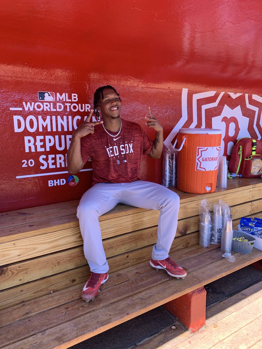 Brayan Bello bringing some pregame joy to the @Redsox dugout at the Dominican Republic Series.