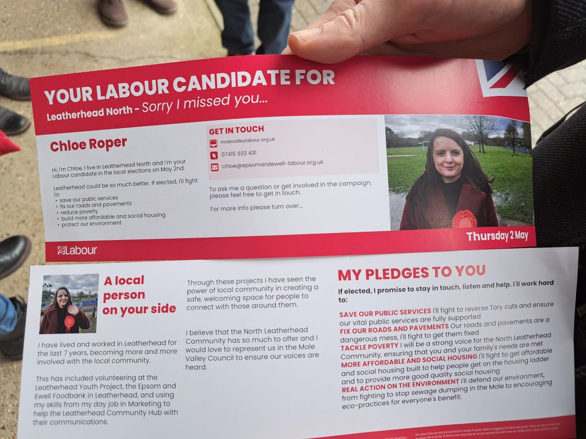 🌹Big Epsom and Ewell & Mole Valley Labour team canvassing in Leatherhead for the fabulous Chloe Roper this morning.

Chloe has lived and worked in the area for many years, and volunteers at the local food bank. 

Two houses said to me, ‘we know Chloe, she’s great, of course…