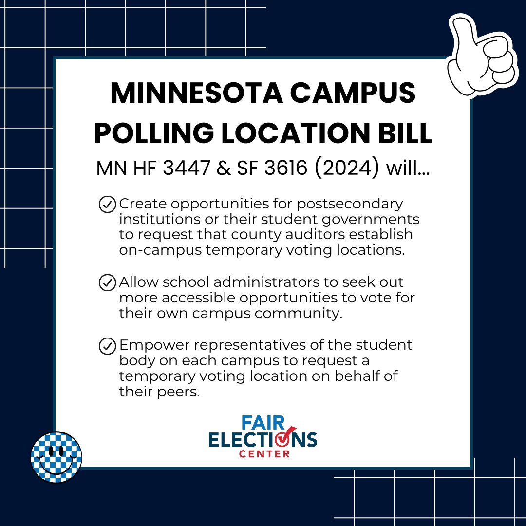 FEC supports Minnesota HF3447 and SF3616 ✅️ These bills would require temporary polling locations be established by county auditors in Minnesota when requested by a postsecondary institution or the student government of an institution. Learn More: fairelectionscenter.org/advocacy