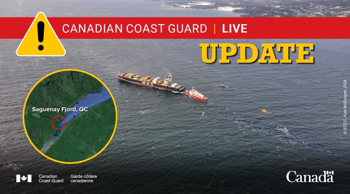 CoastGuardCAN's tweet photo. #CCGLive: Final update - The MSC Sao Paulo V arrived safely at the Port of Québec yesterday evening around 8 p.m. and no pollution from the vessel was detected. Bravo Zulu to all those who played a role in making this a successful operation. https://t.co/kLCoHarqSu