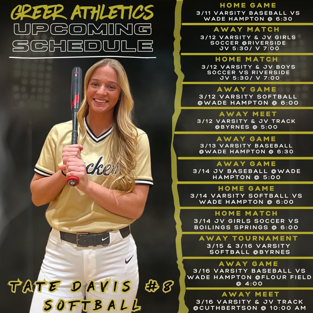 There are 12 opportunities to go and support our amazing student-athletes next week in baseball, softball, soccer, and track and field. Go Jackets!🐝