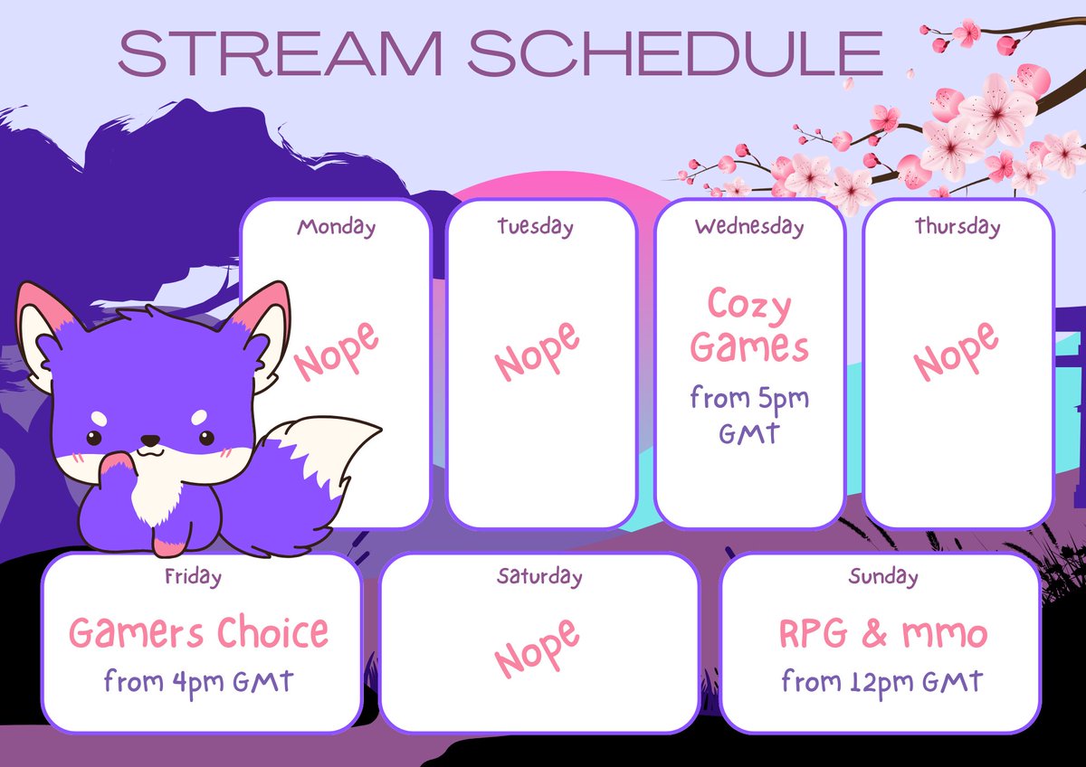 New and improved #streamschedule hope to catch all my lovely foxies there! 💜🦊

#twitch #TwitchStreamers #vtuber #femalevtuber #foxgirl #kitsune #streamergirl