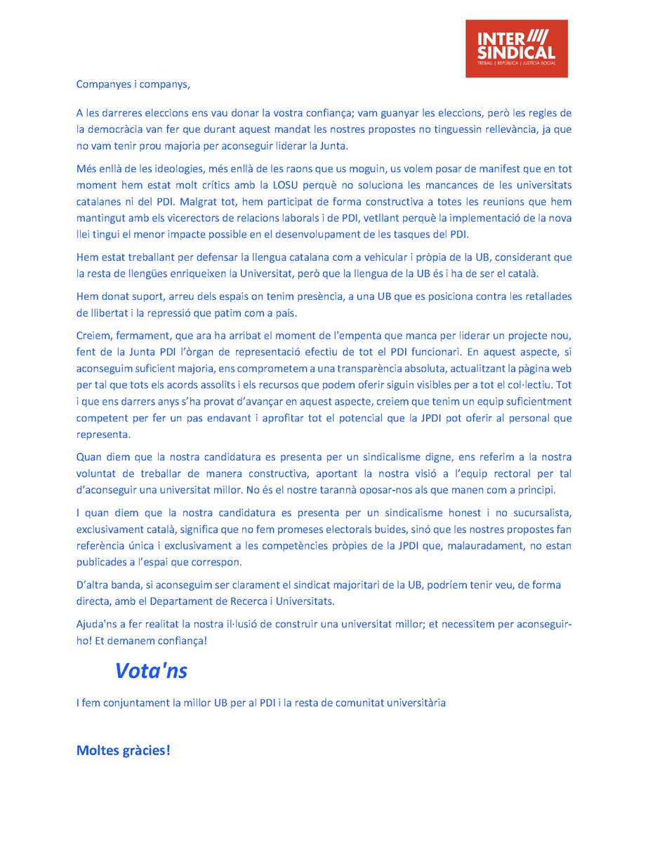 La Intersindical UB 🎗️ (@inter_ub) on Twitter photo Aquesta setmana es decideix la nova composició de la Junta de Personal de PDI a la #UB
També es decideixla força de <a href="/InterUnivRec/">La Intersindical Universitats i Recerca</a> als òrgans de negociació a Catalunya.
Et demanem que llegeixis el següent text i hi pensis...
Fem equip amb tu! Vota't! Vota'ns! Tu decideixes! Aquesta setmana es decideix la nova composició de la Junta de Personal de PDI a la #UB
També es decideixla força de <a href="/InterUnivRec/">La Intersindical Universitats i Recerca</a> als òrgans de negociació a Catalunya.
Et demanem que llegeixis el següent text i hi pensis...
Fem equip amb tu! Vota't! Vota'ns! Tu decideixes!