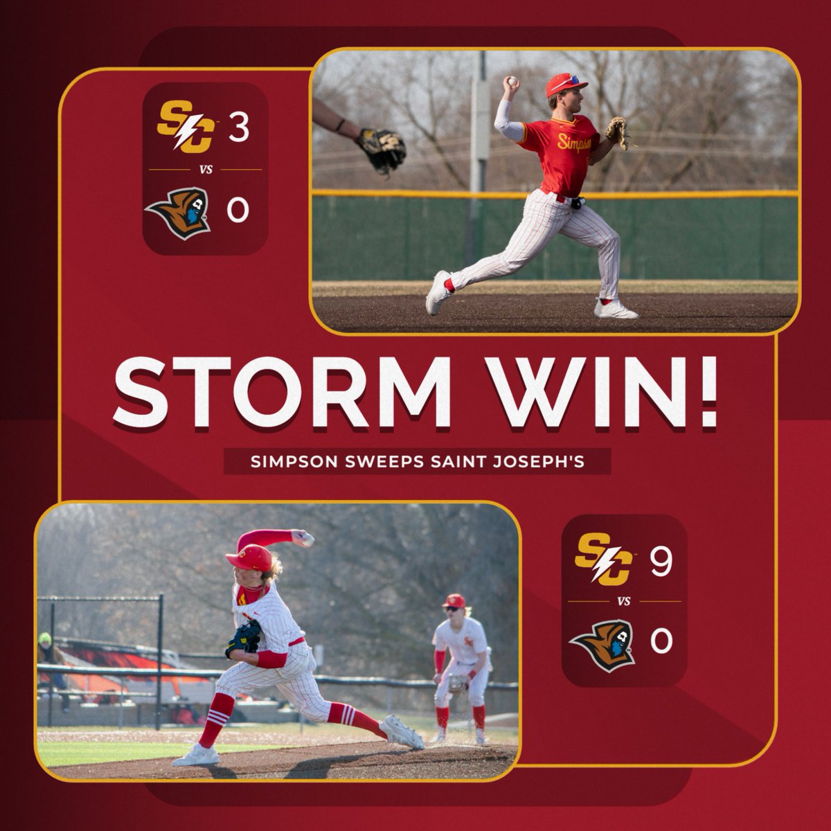 The Storm shut out Saint Joseph's twice to earn a sweep on day one of the RussMatt Invitational! 🧹

Trey Castile and Easton Dunwoody threw complete games, limiting the Monks to just four hits while striking out 18 batters.

📰 tinyurl.com/y57kwh7k

#rollriversBSB #d3baseball