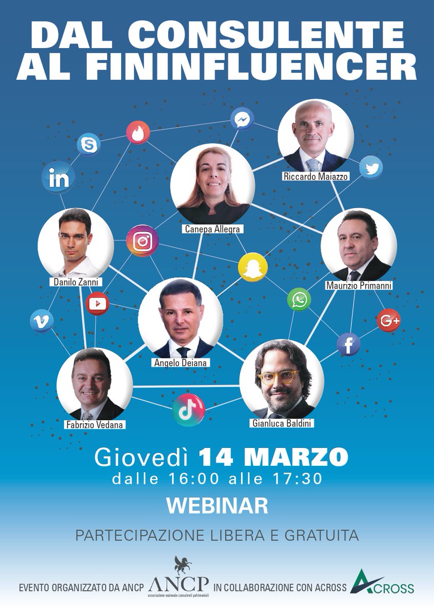 Giovedì #14marzo dalle 16 alle 17.30 sarò al #webinar 'Dal consulente al Finfluencer'. La #partecipazione è libera e gratuita al #link:
us06web.zoom.us/.../tZUufu6rrD…

#ancp #noisiamoancp #consulenzapatrimoniale #fininfluencer #Confassociazioni #laretedellereti #anpib #auxiliafinance