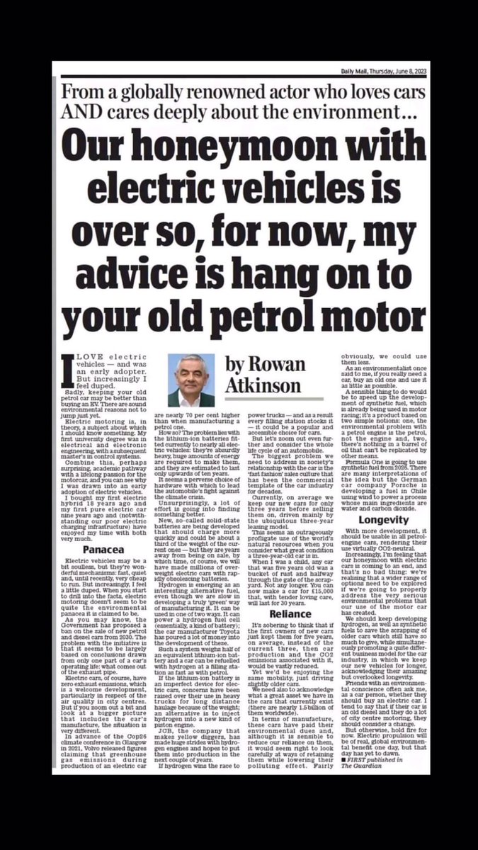 🇬🇧 Rowan Atkinson aka Mr Bean aka Blackadder writes:-

“Our honeymoon with electric vehicles is over - hang on to your petrol motor”

Sound advice.

Why?

- EV’s cost more 
- In Winter they do significantly less road miles 
- Having heater on in Cold months drains battery