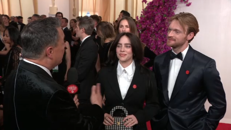 Billie Eilish and Finneas show up at the #Oscars red carpet matching fabulously as they are nominated for this year's best original song category for 'What Was I Made For?” from Barbie.