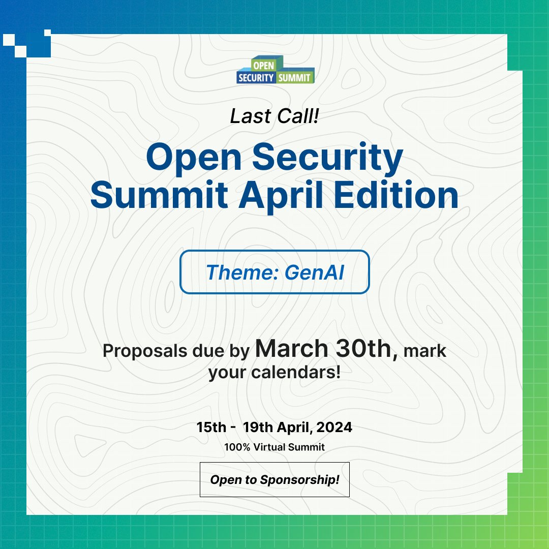 📢Call for Speaker: #OSS2024 April Edition!

🤖Got insights in #cybersecurity or #AI? Speak at @OpenSecSummit April 15-19!

Topics include:
- Cybersecurity
- AI & ML in security
- DevSecOps
- Governance

Submit Proposal now: docs.google.com/forms/d/e/1FAI…

#AI #CallForSpeakers #Infosec