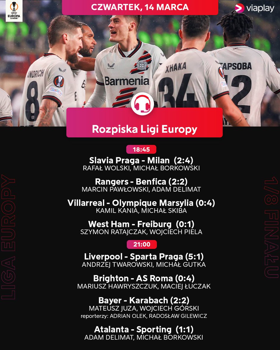 Oto rozpiska dzisiejszych meczów w Lidze Europy. Kto zagra w ćwierćfinale? 

▶️ Studio od 17:45 
🎙️ @rkedzior, @mzachodny, @MarekWasiluk 

▶️ Multiliga od 18:45 
🎙️ @Piotr_Domagala