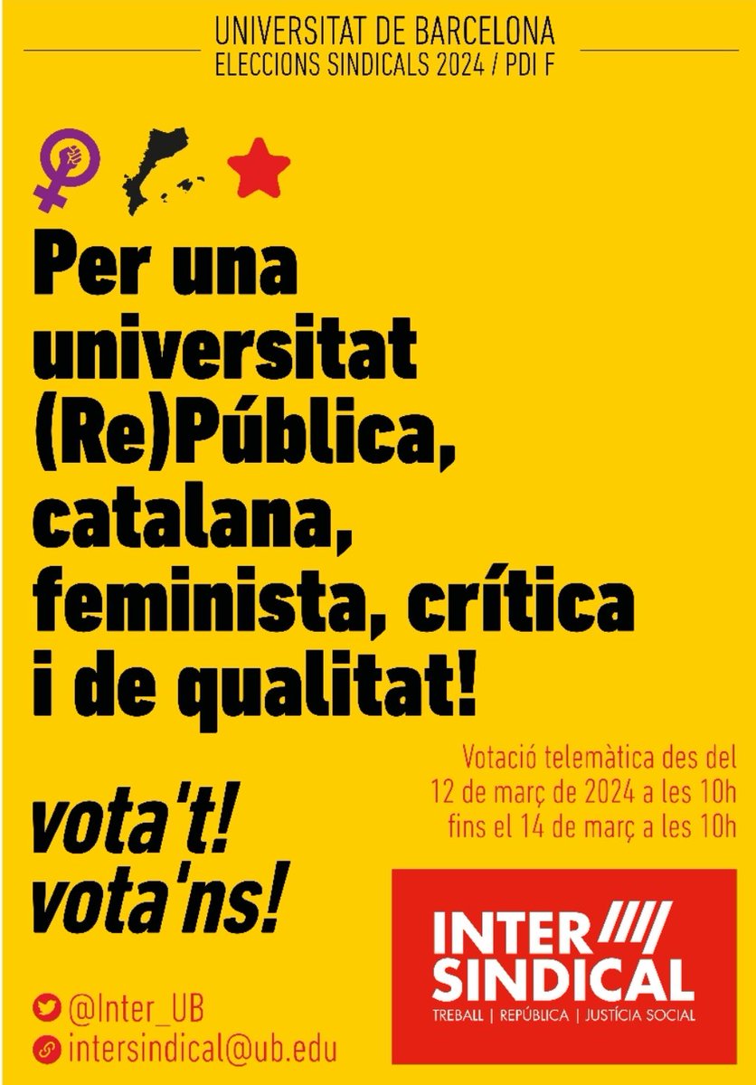 Defensem el dret a treballar en català: ✅ En la impartició dels estudis, mínim el 80% de graus ✅ En tots els serveis de la #UB ✅ En el programari docent i de gestió, i els serveis informàtics. ✅ En les comunicacions i aplicacions internes i externes. Vota't Vota'ns!