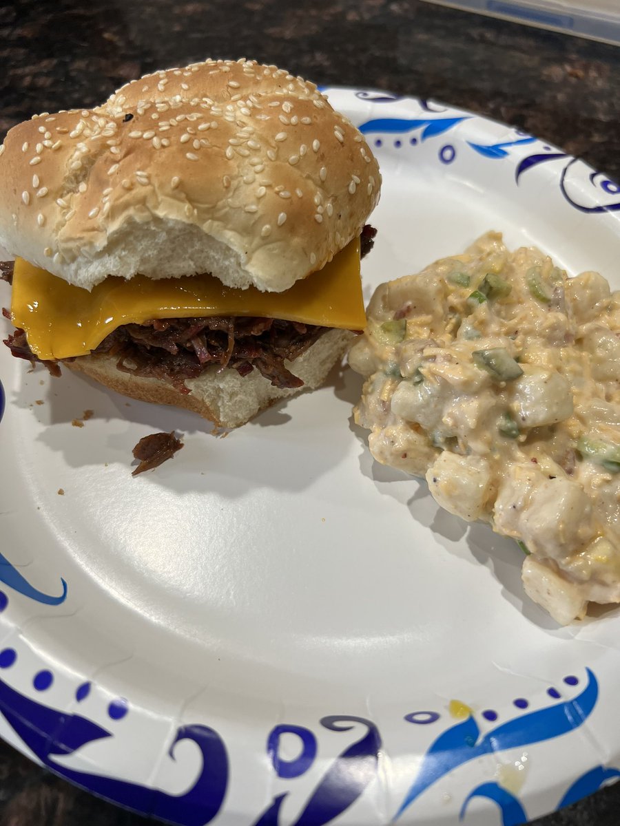 Slow smoked with post oak, then braised chuck roast pulled beef sandwich. One with cheddar for her, one with pepper jack and jalapeño for me. A side of homemade loaded potato salad! #BBQ #grilling #bbq