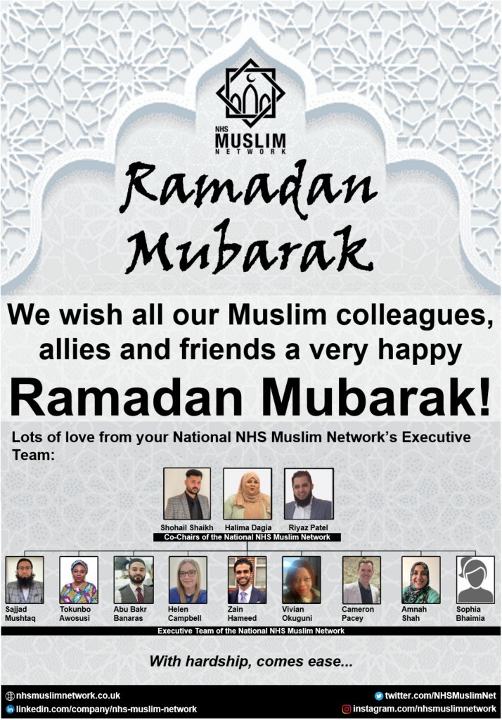 RAMADAN MUBARAK! May this be a beautiful blessed month for all our NHS Muslim colleagues, allies and friends. See our Ramadan and Eid Guidance for further support - nhsmuslimnetwork.co.uk/ramadan-and-ei… @Shohail_Shaikh_ @HalimaDagia @riyaz_patel1 @ChrisHopsonNHS