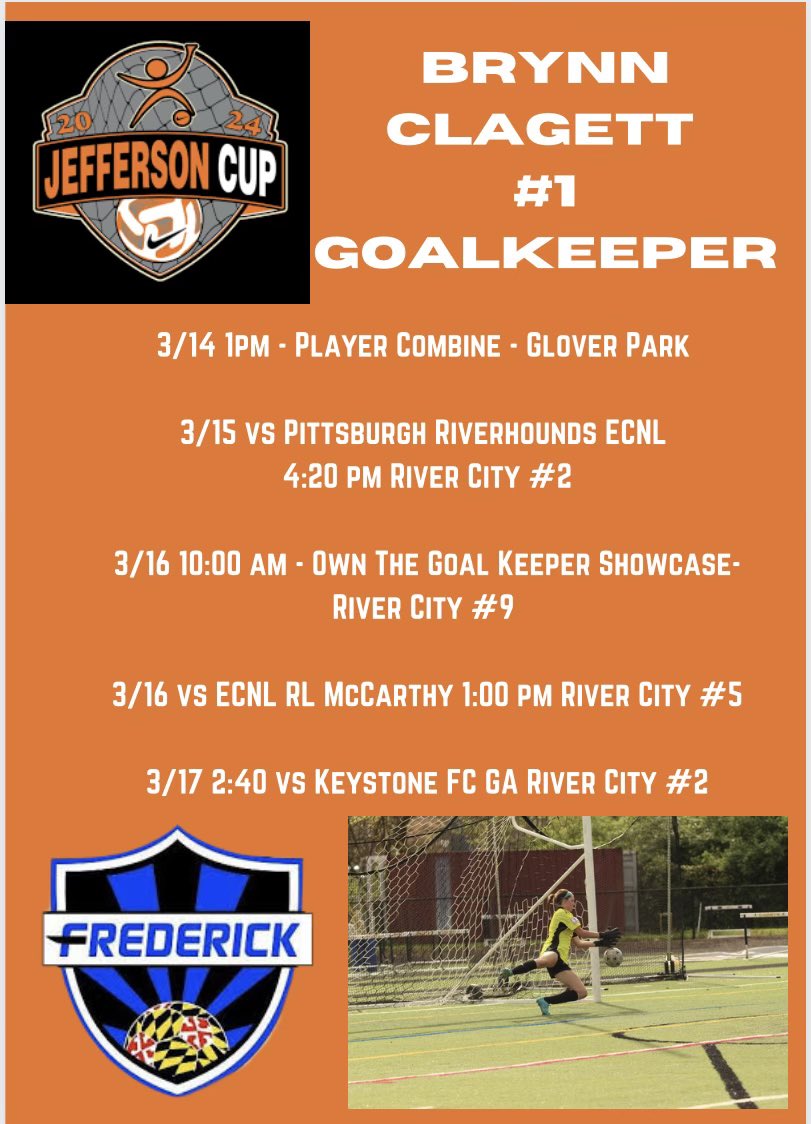 Excited to play this weekend in the <a href="/jeffersoncup/">Jefferson Cup</a> Showcase, Player Combine and the <a href="/OwnTheGoal/">Own The Goal</a> Keeper Showcase! My schedule is below.  
<a href="/FCFrederick/">FC Frederick</a> <a href="/ImCollegeSoccer/">College Soccer Truth ™</a> <a href="/ImYouthSoccer/">ECNL/GA/Recruiting/College Soccer</a> <a href="/GIK_FemaleHUB/">Her Goalkeeper Hub</a>
