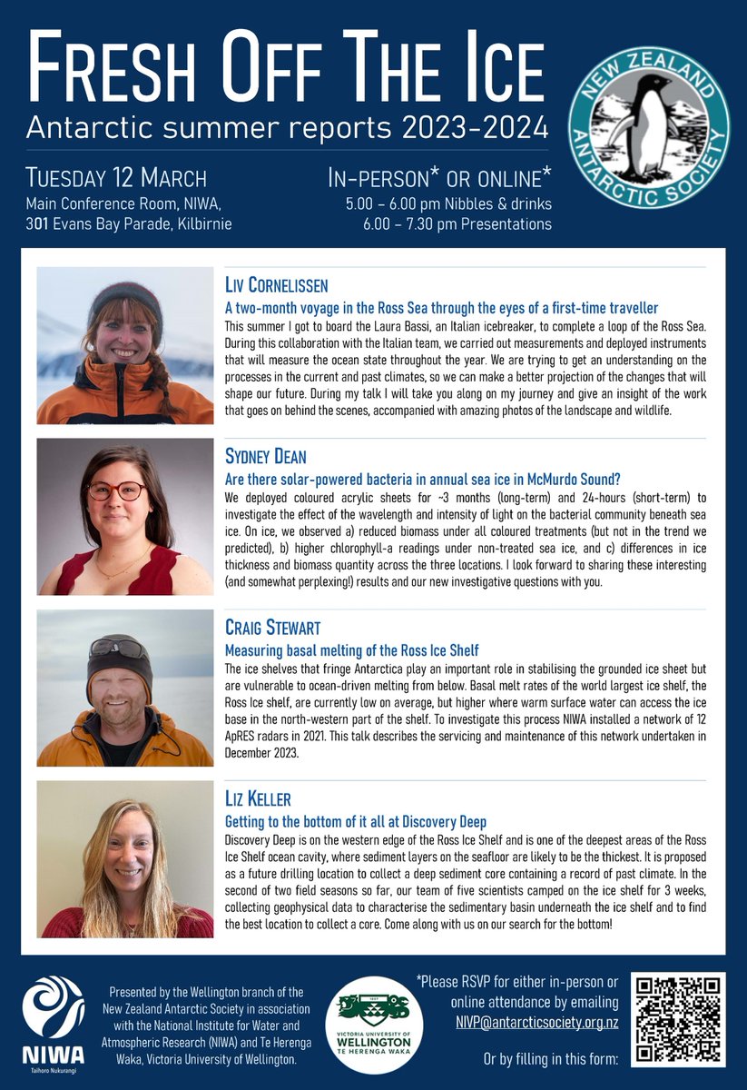 NIWA’s Liv Cornelissen & Dr Craig Stewart will give an update about their latest Antarctic research at @nzantarcticsoc’s 'Fresh off the Ice' event tomorrow. 📅 Tuesday 12 March ⏰ 5pm – 7.30pm 📍 Online or in person at NIWA Wellington Please RSVP here 👉 docs.google.com/forms/d/e/1FAI…