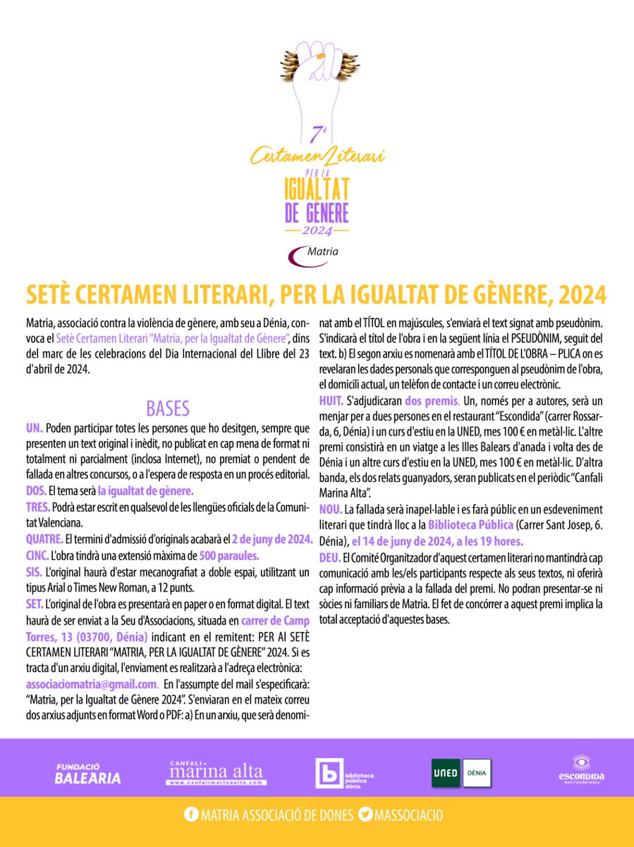 Convoquem el 7è concurs de relats "Matria, per la igualtat de gènere". Animeu-vos a participar! Adjuntem les bases.
