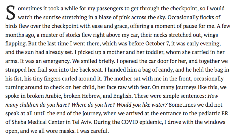 HistoryBoomer's tweet photo. A woman who drove sick Palestinian children to medical care writes a thoughtful essay about her conflicted reaction after Oct 7, and slacktivists who never drove anywhere dangerous, pressure the gutless weasels at @GuernicaMag to withdraw her essay.
Archived copy in next tweet
1/ https://t.co/Om5qzoMPFi