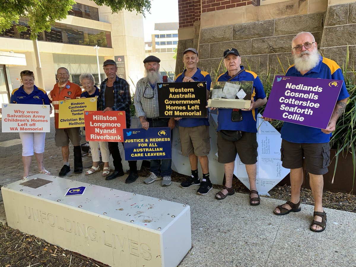 #WesternAustralian Clannies pose in front of the Unfolding Lives Memorial #Perth where 10 Homes are missing from it

Check out the concrete sitting totally inappropriate for elderly #CareLeavers to reflect on childhoods spent in orphanages so called “care”
⁦@RogerCookMLA⁩