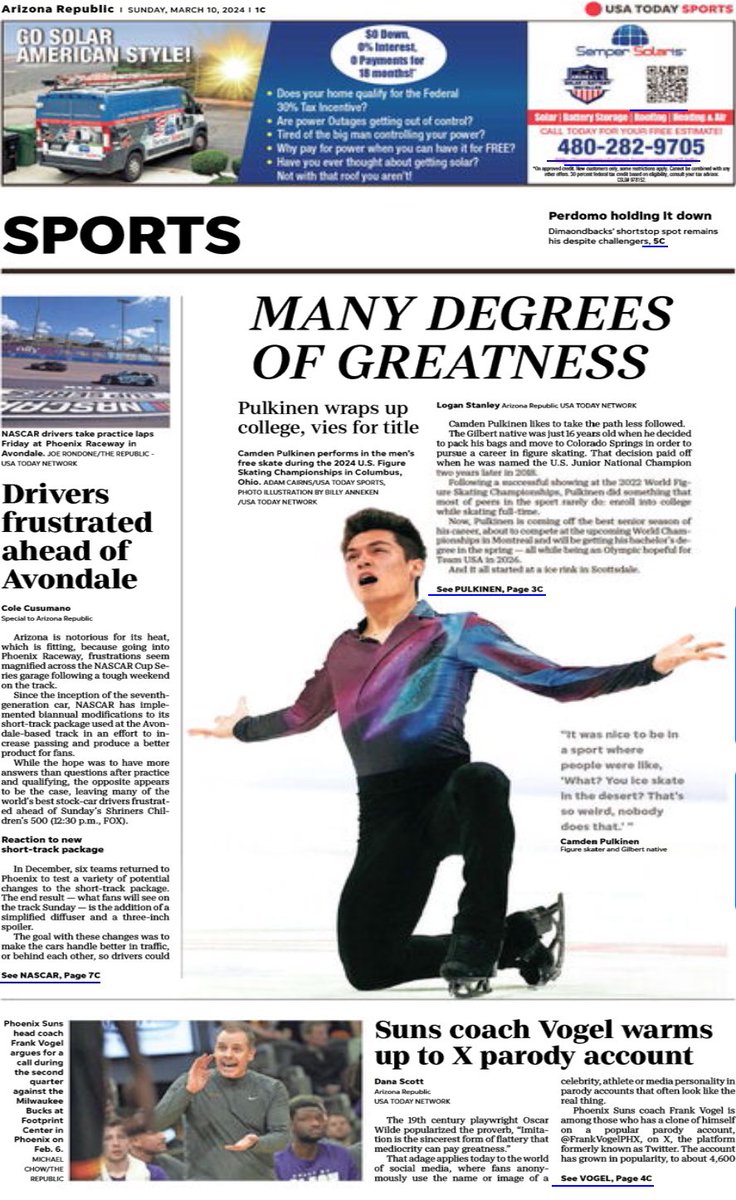 RT @LSscribe: Wow. Honored to make the front page of the Sunday sports  section today of The Republic with my story on Gilbert native Camden…, image size:736x1200
