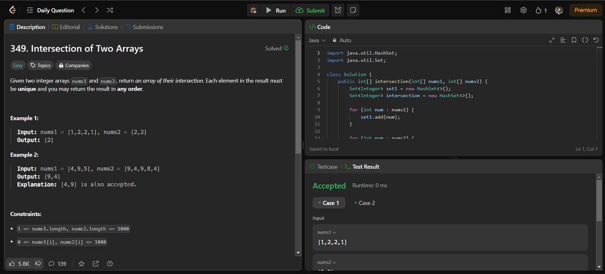 rn_xtremer_'s tweet photo. This will be considered as my #Day66 of @LeetCode #365DaysofCode challenge.

Today I've solved 349. Intersection of Two Arrays.

#code #Java #leetcode #codetosuccess #dsaeveryday https://t.co/hKGa3gd24F