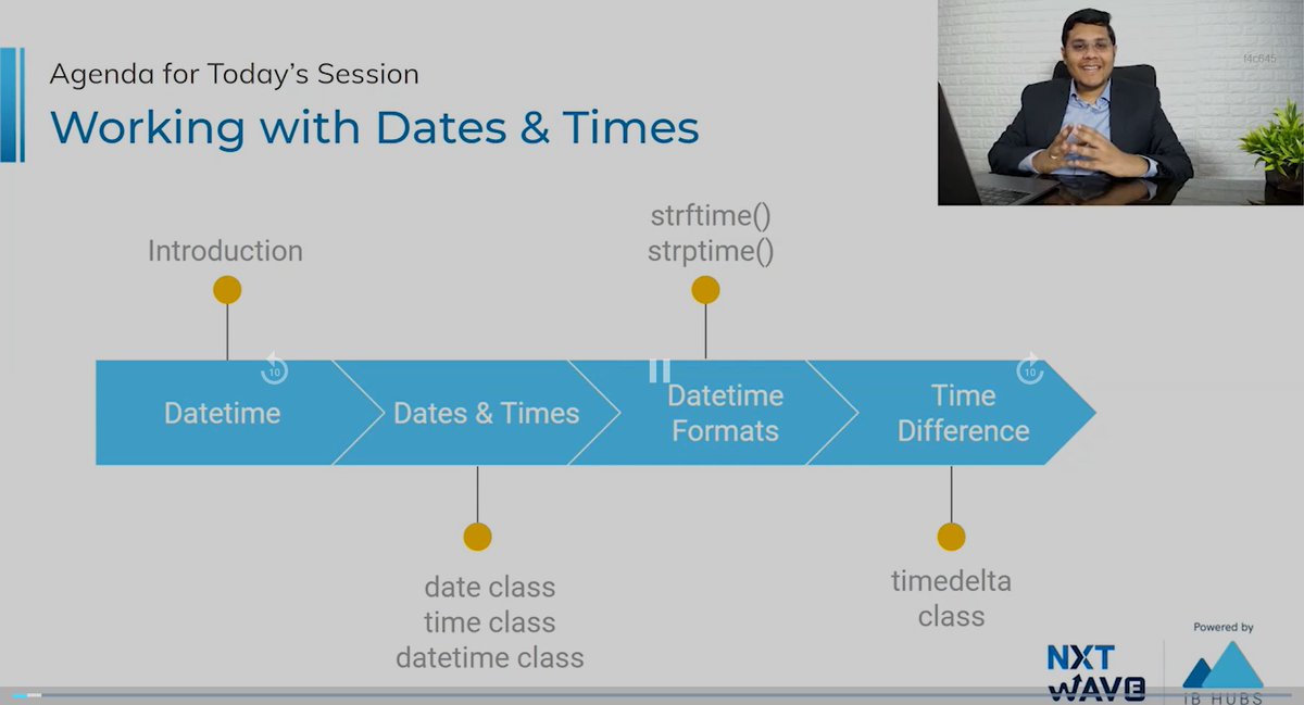mohan_tigala's tweet image. Hello Connections :-)
Today was day #48 of #75daysoflearningandcodingchallenge.
Today's topics is #Working_With_Dates_And_Times. Many things are where we need to focus.
#Date_and_Times :- #Date_Class #Time_Class 
#DateTime_Formats :- #strftime() #strptime()
Thanks to #NxtWave
