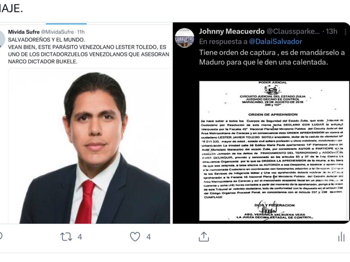 SALVADOREÑOS VEAN LA CARA Y LEAN EL DOCUMENTO.
ESTE ES UN DELINCUENTE VENEZOLANO FICHADO Y BUSCADO POR POR LA JUSTICIA DE ESE PAÍS. PERO ESTA EN EL SALVADOR DANDOSE LA BUENA VIDA DE MILLONARIO COMO ASESOR DE EL NARCO DICTADOR BULEKE, Y TODO CON EL DINERO DE LOS SALVADOREÑOS.