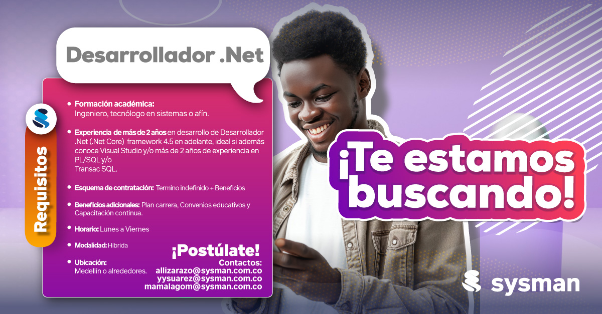 Sysman_Software's tweet photo. 👀 ¡Sysman está en búsqueda de talento para unirse a nuestro equipo! Tenemos vacantes disponibles para Analistas de Requerimientos, Desarrolladores .NET y Scrum Masters.🤩
https://t.co/1NRcDK1nzz
#Empleo #Tecnología #Innovación #Sysman #Vacantestrabajo #Trabajosihay https://t.co/WD2UCSbJMy