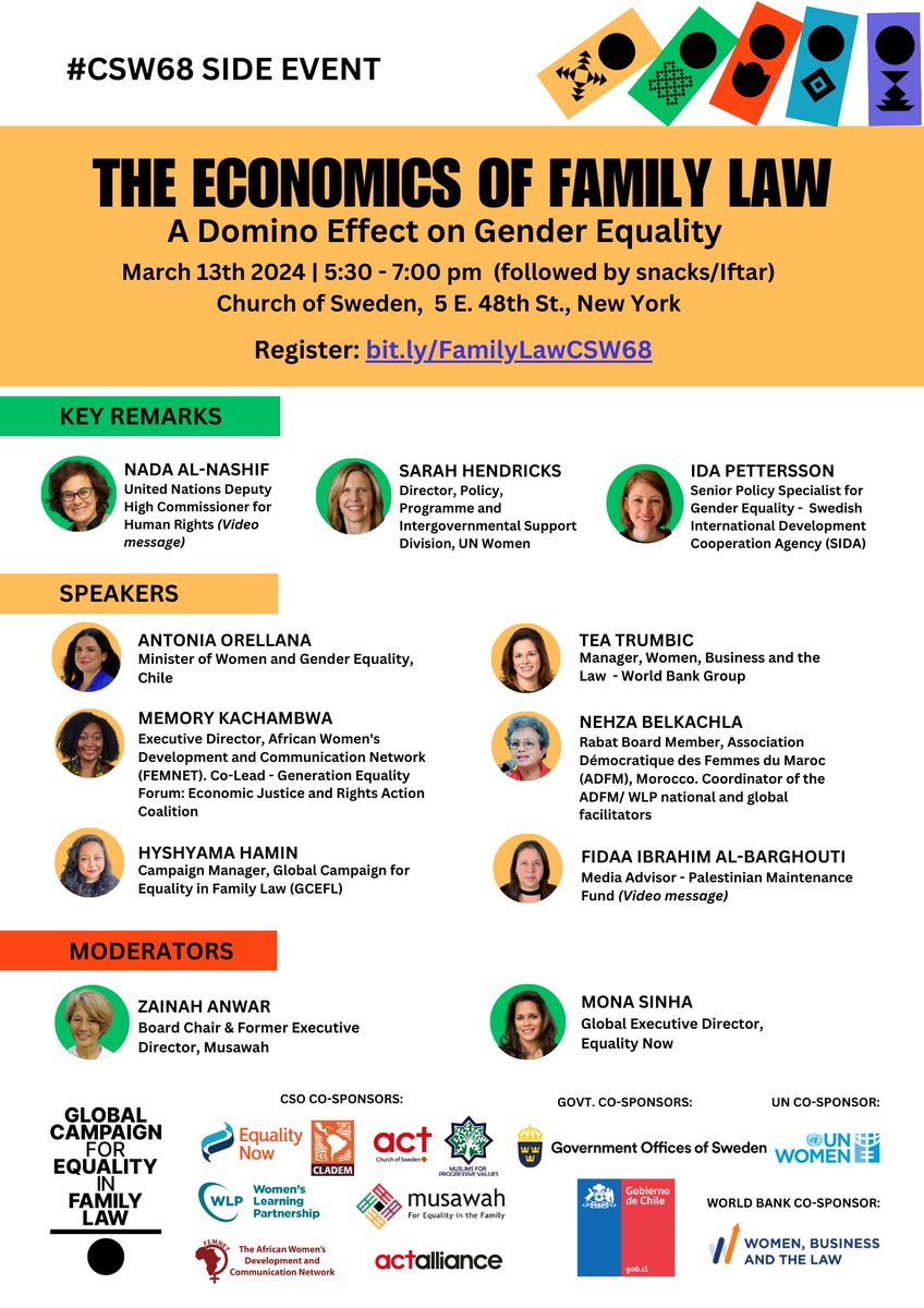 It's time to prioritise women's #EconomicRights globally. How? Through #FamilyLawReform. Join our conversation with global, national and regional experts and leaders at #CSW68. RSVP/register here: bit.ly/FamilyLawCSW68  #FreeOurFamilyLaws