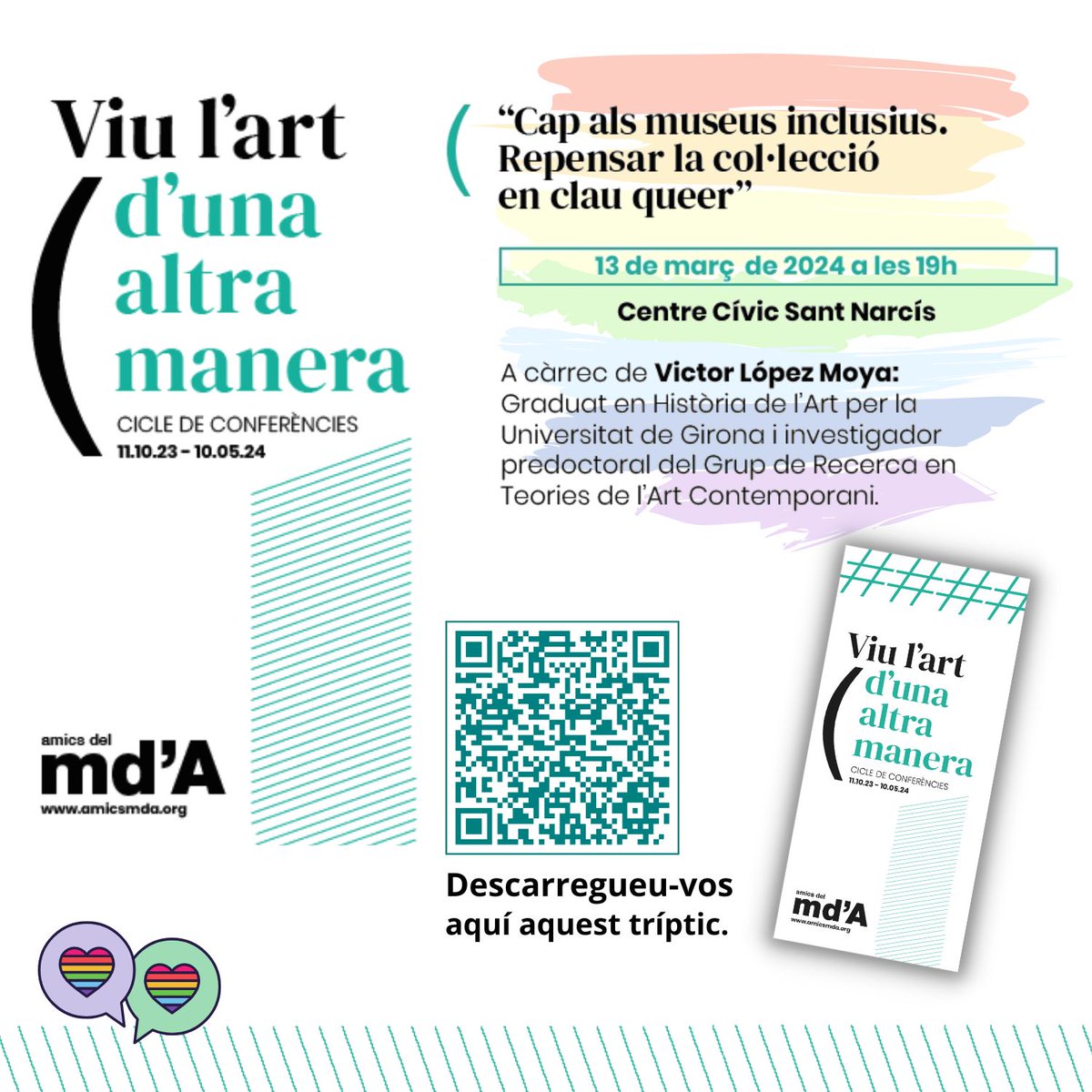 Conferència 'Cap als museus inclusius. Repensar la col·lecció en clau queer' a càrrec de Víctor López Moya, graduat en Història de l'Art per la UdG. Al Centre Cívic Sant Narcís, 13 de març de 2024, a les 19 h. @Girona_Cat @vikillu