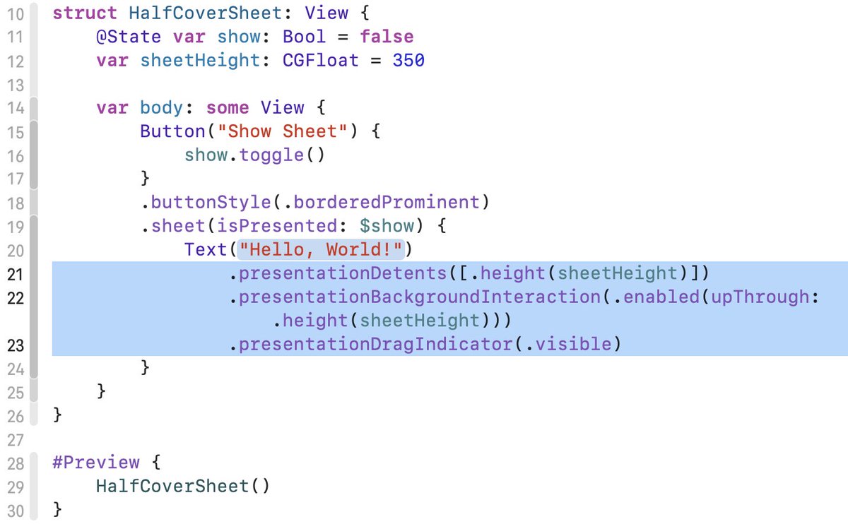 curiosity_notes's tweet image. How to create a popover sheet that doesn&apos;t cover the entire screen:

- Use detents to define the heights at which the sheet can stop. 
- The &quot;upThrough&quot; method prevents the sheet from being dragged upward to cover the entire screen.

#iosdev #SwiftUI