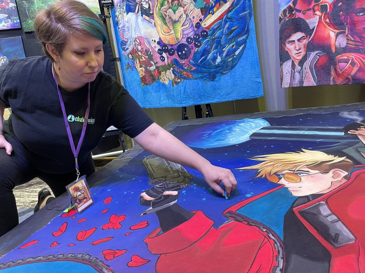 chalktwins's tweet photo. #banzaicon is almost over and weโve had so much fun making this Trigun Stampede piece!
#banzaicon2024 #trigun #trigunstampede #vash #vashthestampede #nicholasdwolfwood #robertodeniro #merylstryfe #chalkart #chalktwins https://t.co/YVM9Ea5erD