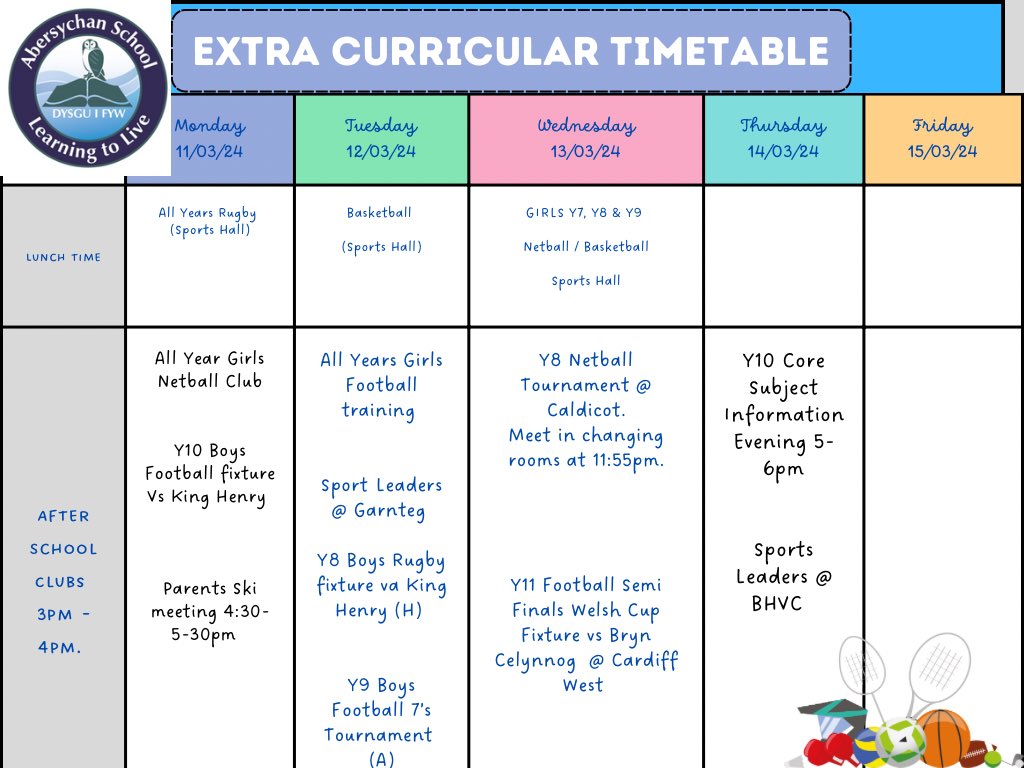 Extra Curricular W/C 11th March. Another busy week in the PE department. Lots of fixture and tournaments happening. Pwb Lwc❕👏🏻 #abersport