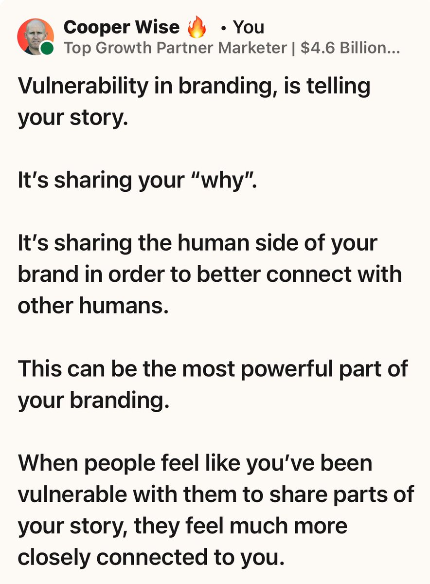 #Marketers & #BusinessOwners

Here’s a powerful #MarketingTip:

#Vulnerability is your new 
brand superpower.

#Marketing #Branding #TellYourStory