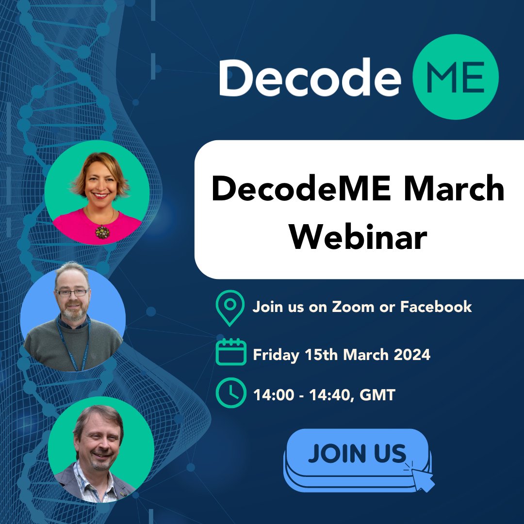 Join us for our #DecodeME March Webinar next Friday for updates on our project’s extension. Email contact@decodeme.org.uk with any questions you have for Sonya, Chris and Andy. To sign up: shorturl.at/oCFL0