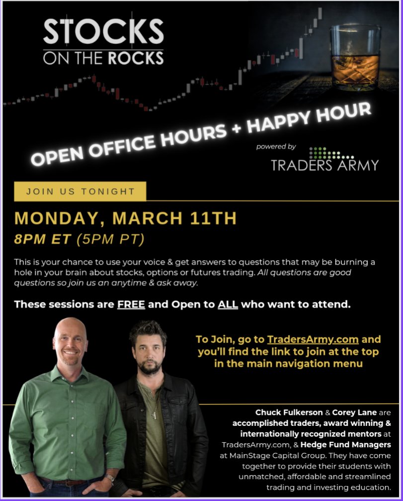 tradersarmy's tweet photo. Tomorrow night at 8:00 EST pour yourself a drink and join us for #stocks on the rocks! Bring your #investing questions and join us! Link on the homepage at https://t.co/4VONcy9cdN https://t.co/Jj1xcAbgTC