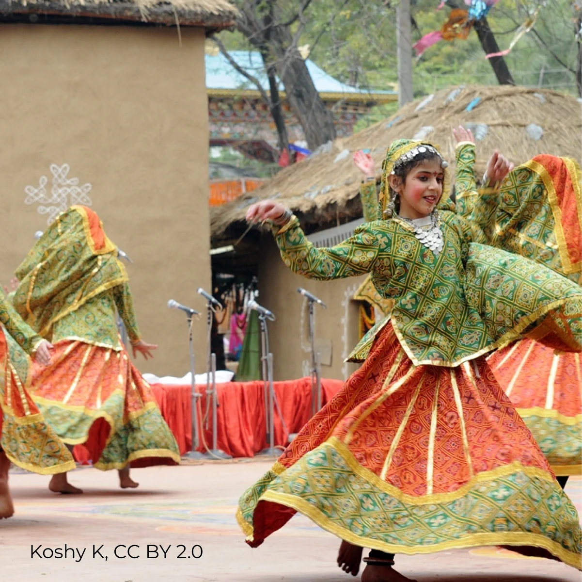 School girls performing Rajasthani folk dance at the Surajkund Crafts Fair, near Delhi, India.